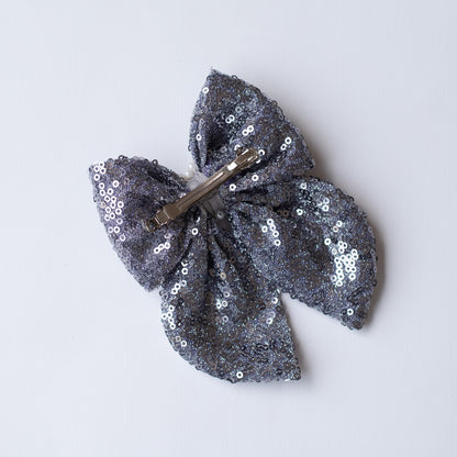 Fancy party sequins big bow with embellished pearls on barette clip - Grey