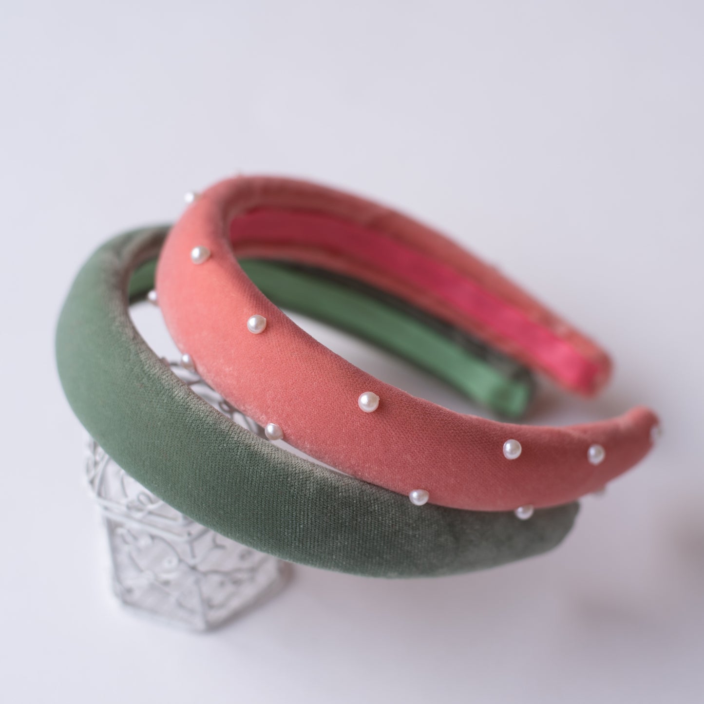 Combo: Set of 2 Soft velvet padded party hairbands - Peach and Olive green