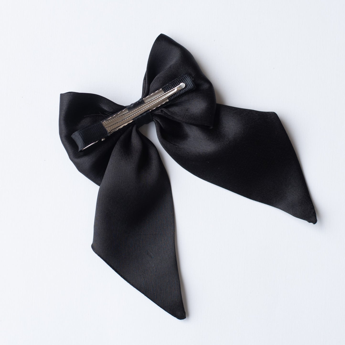 Big fancy satin bow on alligator clip embellished with pearls - Black