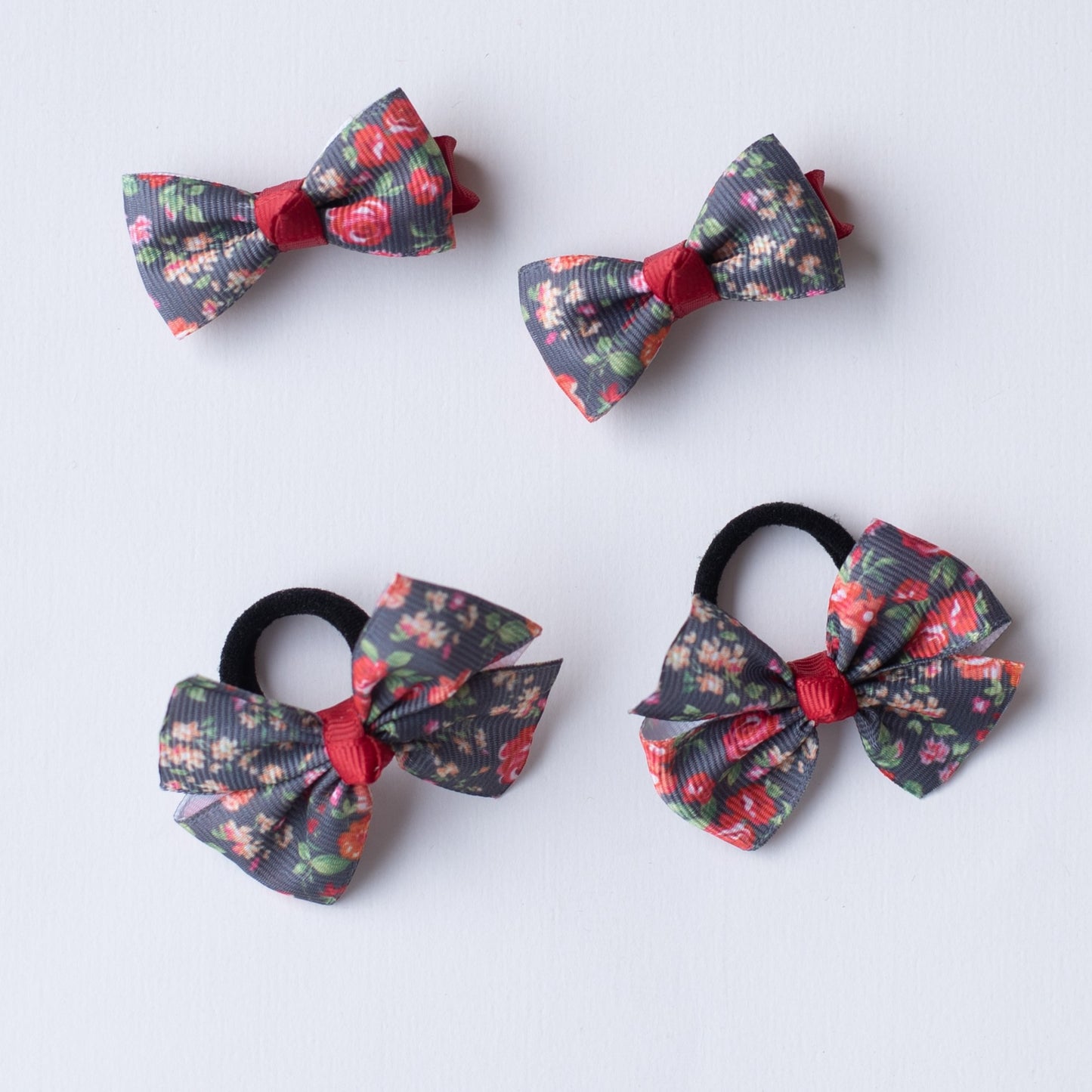 Combo: Floral print small bow on alligator clips and matching small rubberbands (4 nos) - Grey and Maroon.