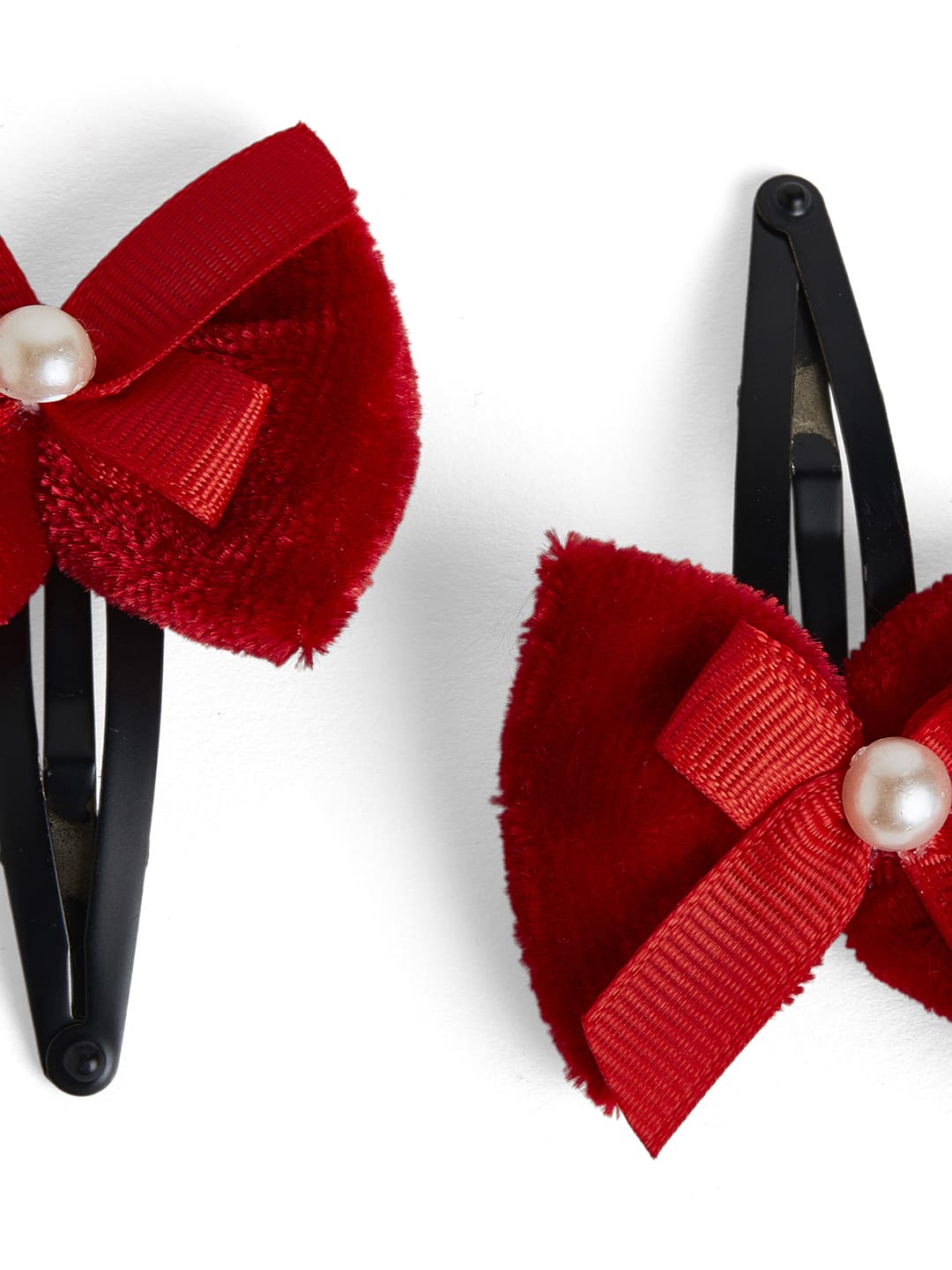 Combo: 1 Pair Velvet Bow Tic Tac Pearls pins & 1 Pair Matching Dudal bow Rubber bands - Red