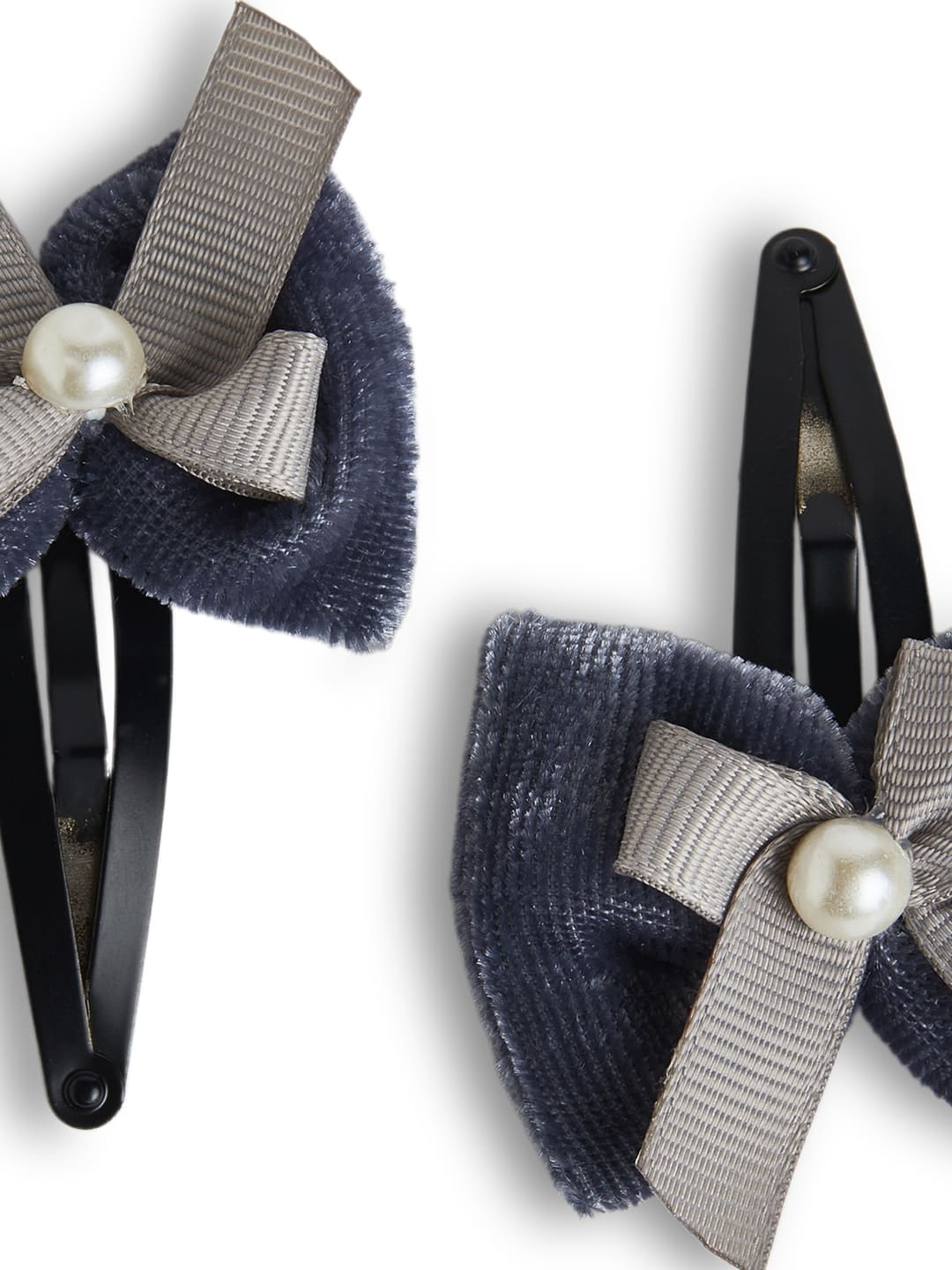 Combo: 1 Pair Velvet Bow Tic Tac Pearls pins & 1 Pair Matching Dudal bow Rubber bands - Grey