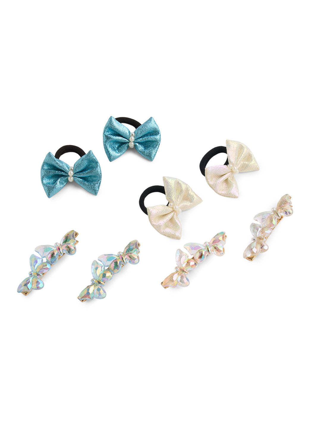 Combo Pack of 2 Pair Shiny Rubberbands and 2 Pair Matching Alligator Clips - Blue, Off White