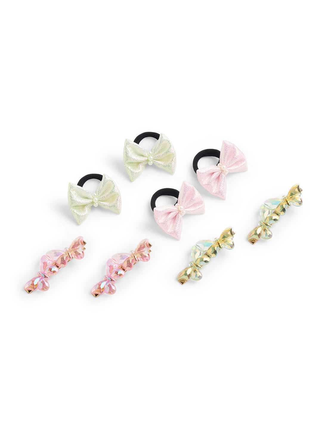 Combo Pack of 2 Pair Shiny Rubberbands and 2 Pair Matching Alligator Clips - Off White, Pink