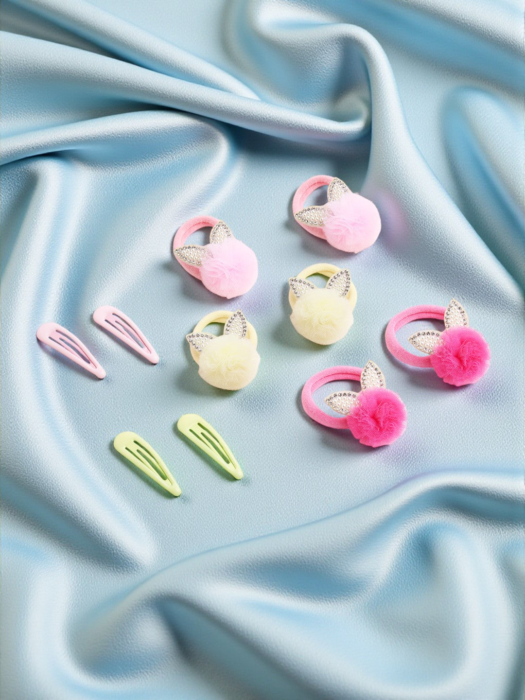 Combo of 3 Pairs Pom-pom Rubberbands and 2 Pairs matching Snap clips - Off White, Pink