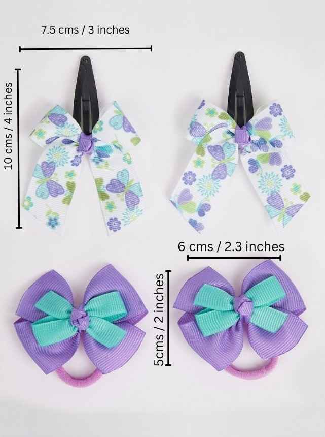 Combo:1 Pair printed bow tic-tac pins and 1 pair dual bow rubber bands-Purple, White