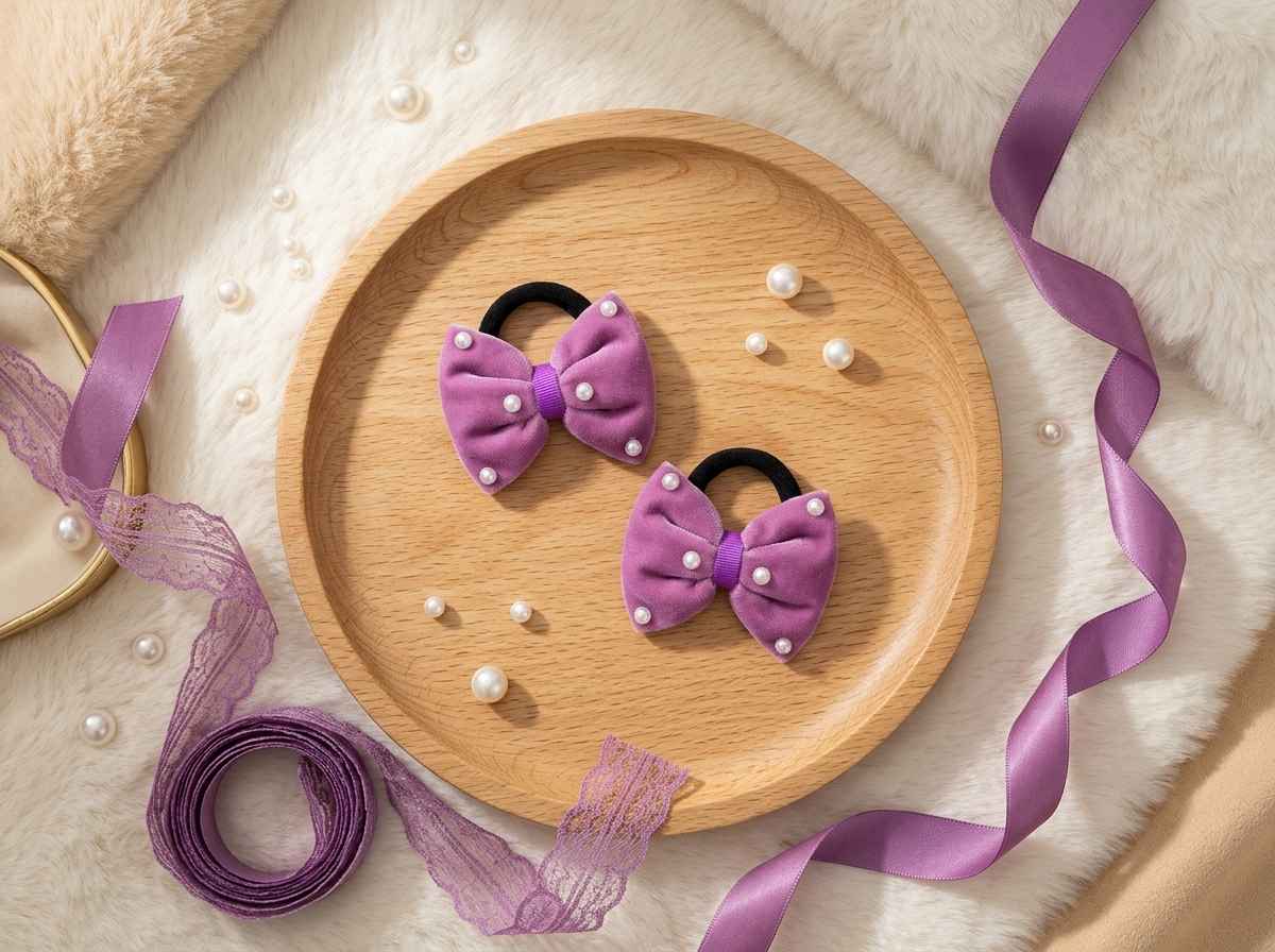Velvet bow on rubberbands with pearls - Purple
