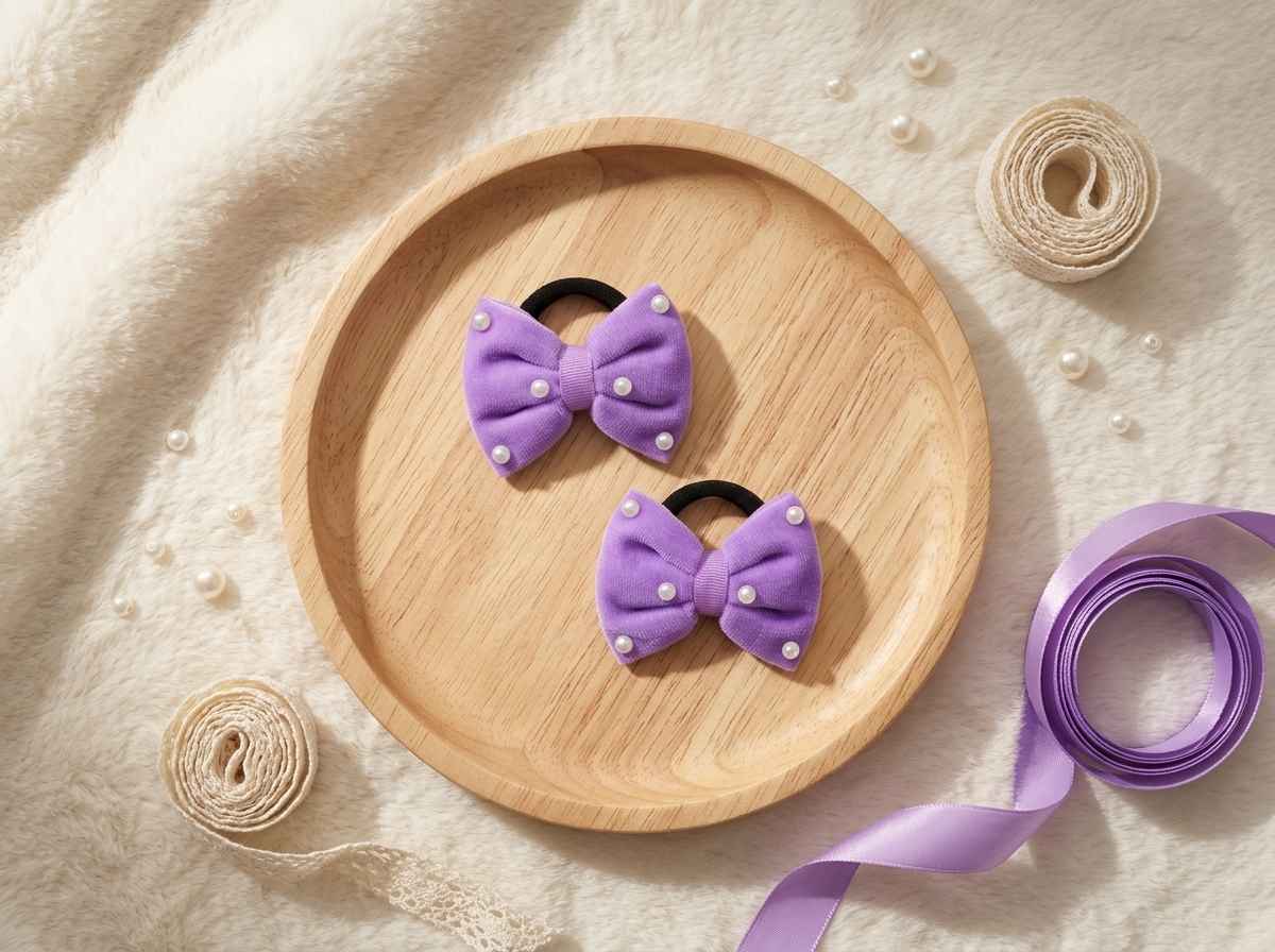 Velvet bow on rubberbands with pearls - Lilac