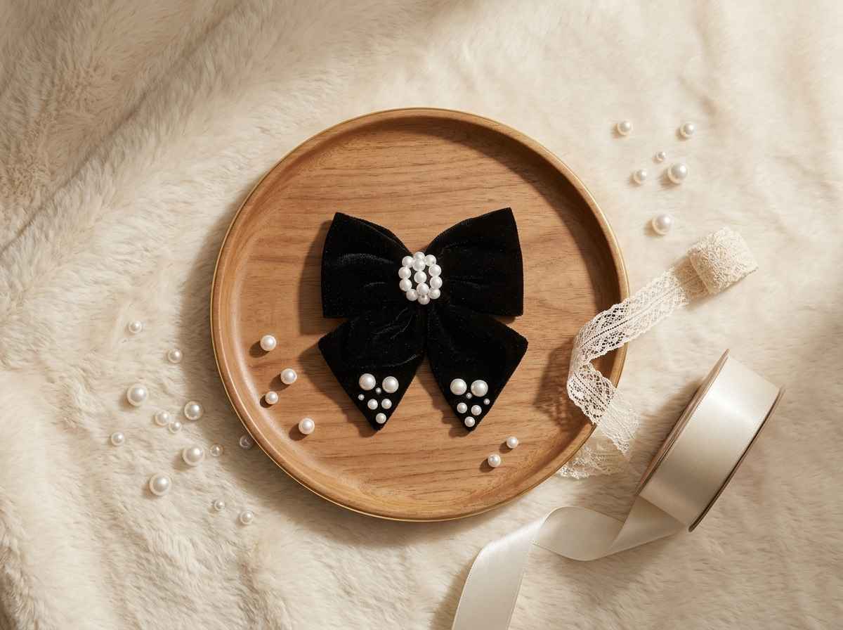 Velvet bow with pearl detailing on alligator clip - Black