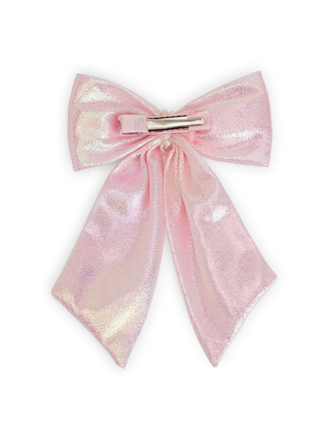 Shiny bow with pearls on alligator clip - Baby pink