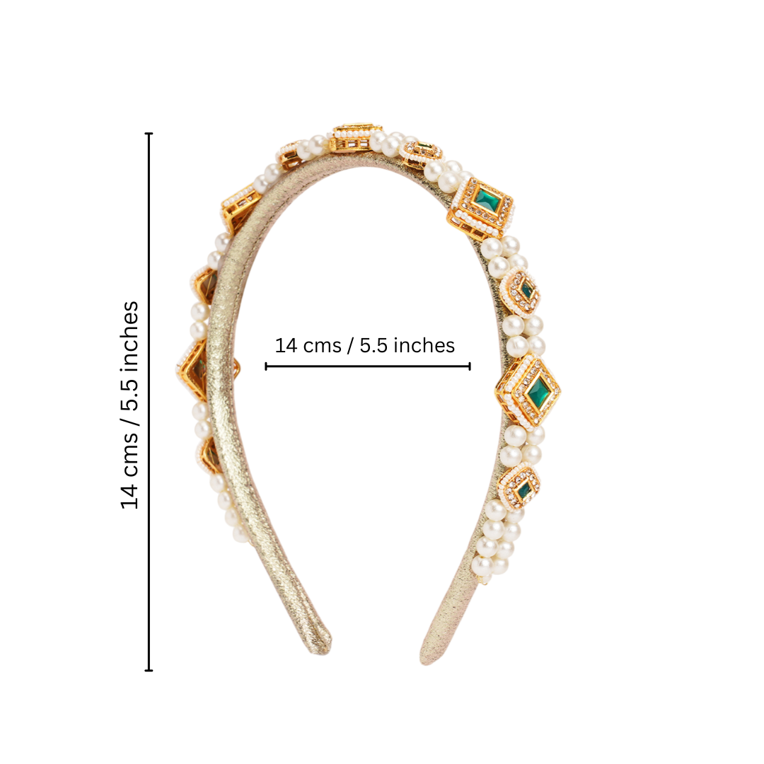 Kundan hairband with pearls - Green, Gold