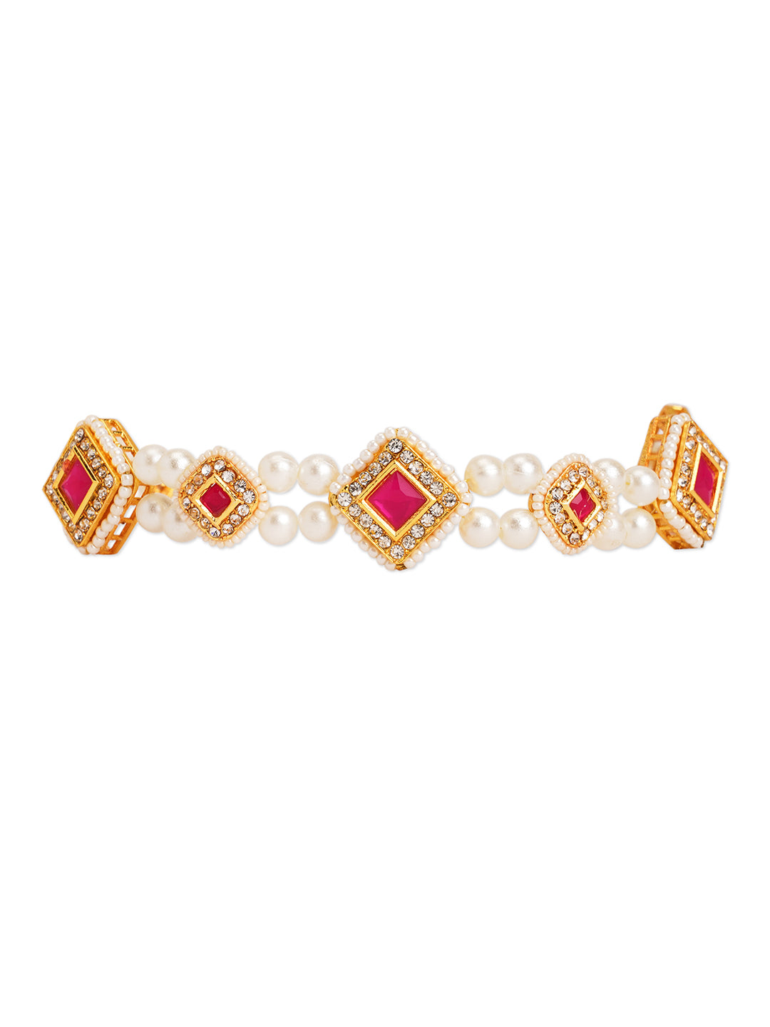 Kundan with pearls head chain - Pink, Gold
