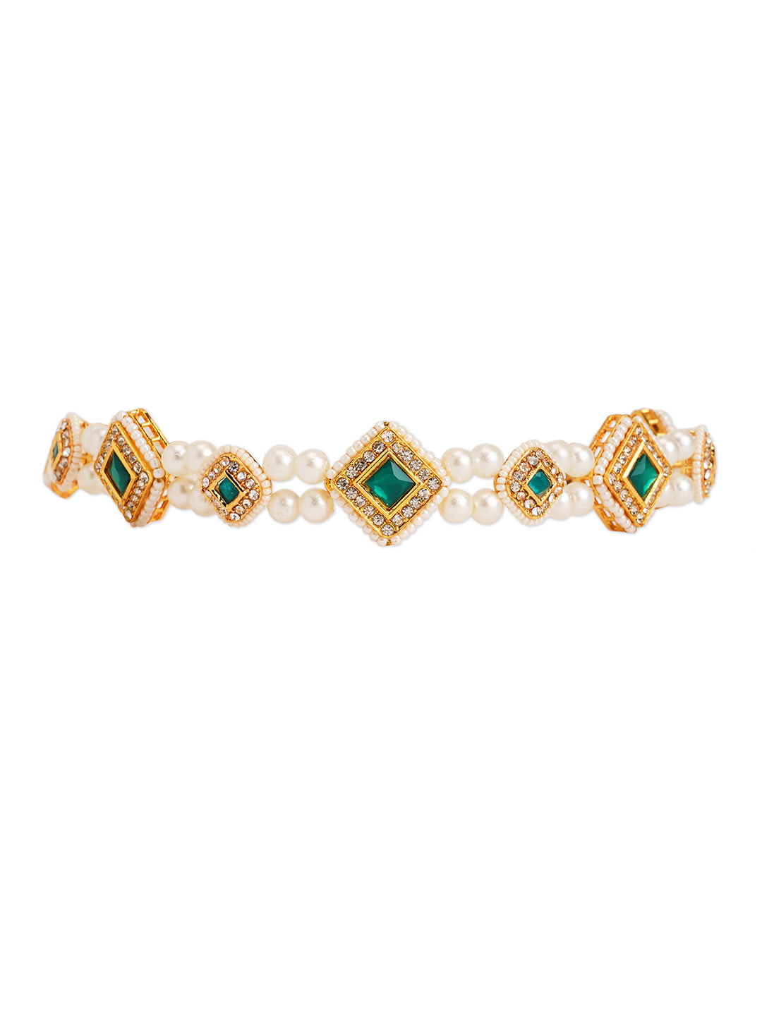 Kundan with pearls head chain - Green, Gold