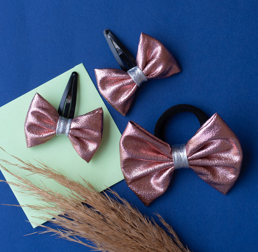Combo: Cute Tissue Fabric Bow on Tic-Tac Pins and Rubberband- Rose Gold.