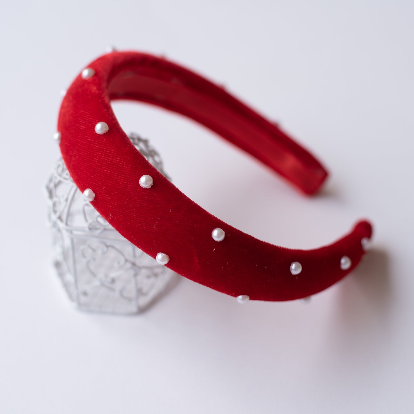 Soft velvet padded party hairband embellished with pearls - Red