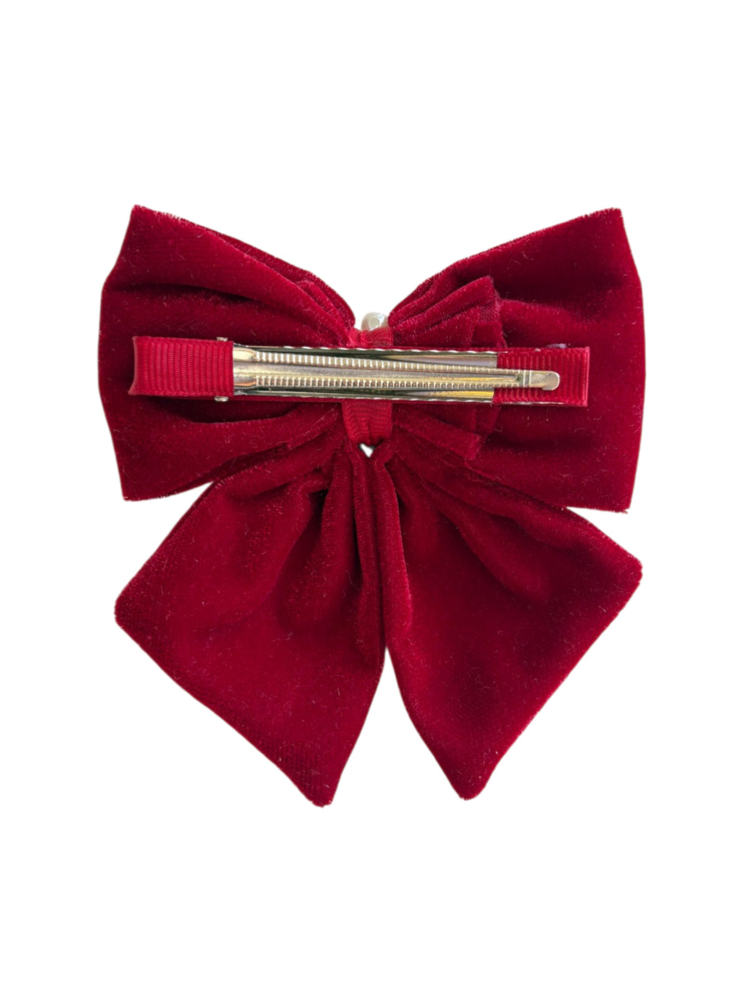 Velvet party bow on alligator clip embellished with pearls - Maroon