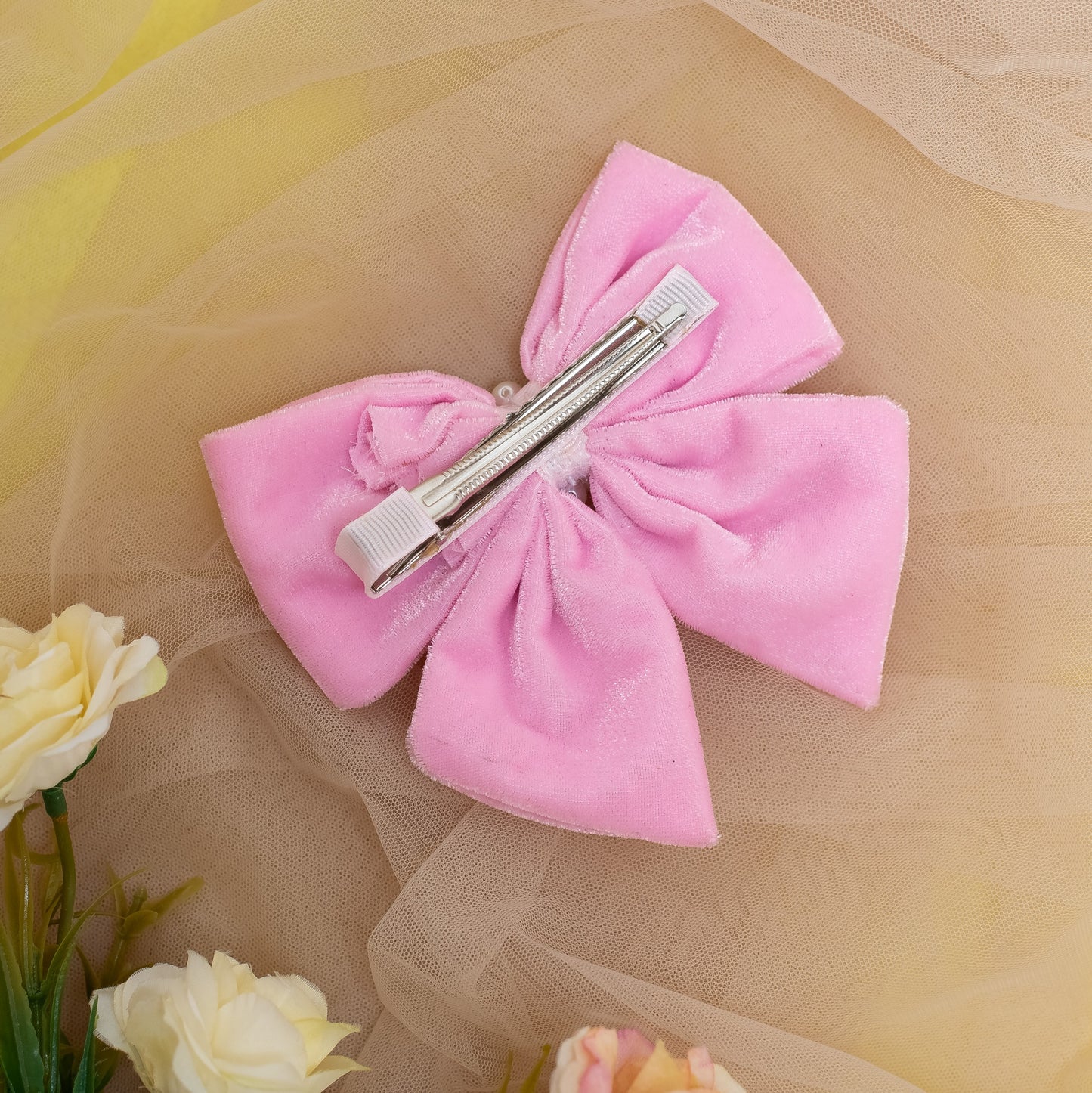 Velvet party bow on Alligator clip embellished with pearls - Light Pink