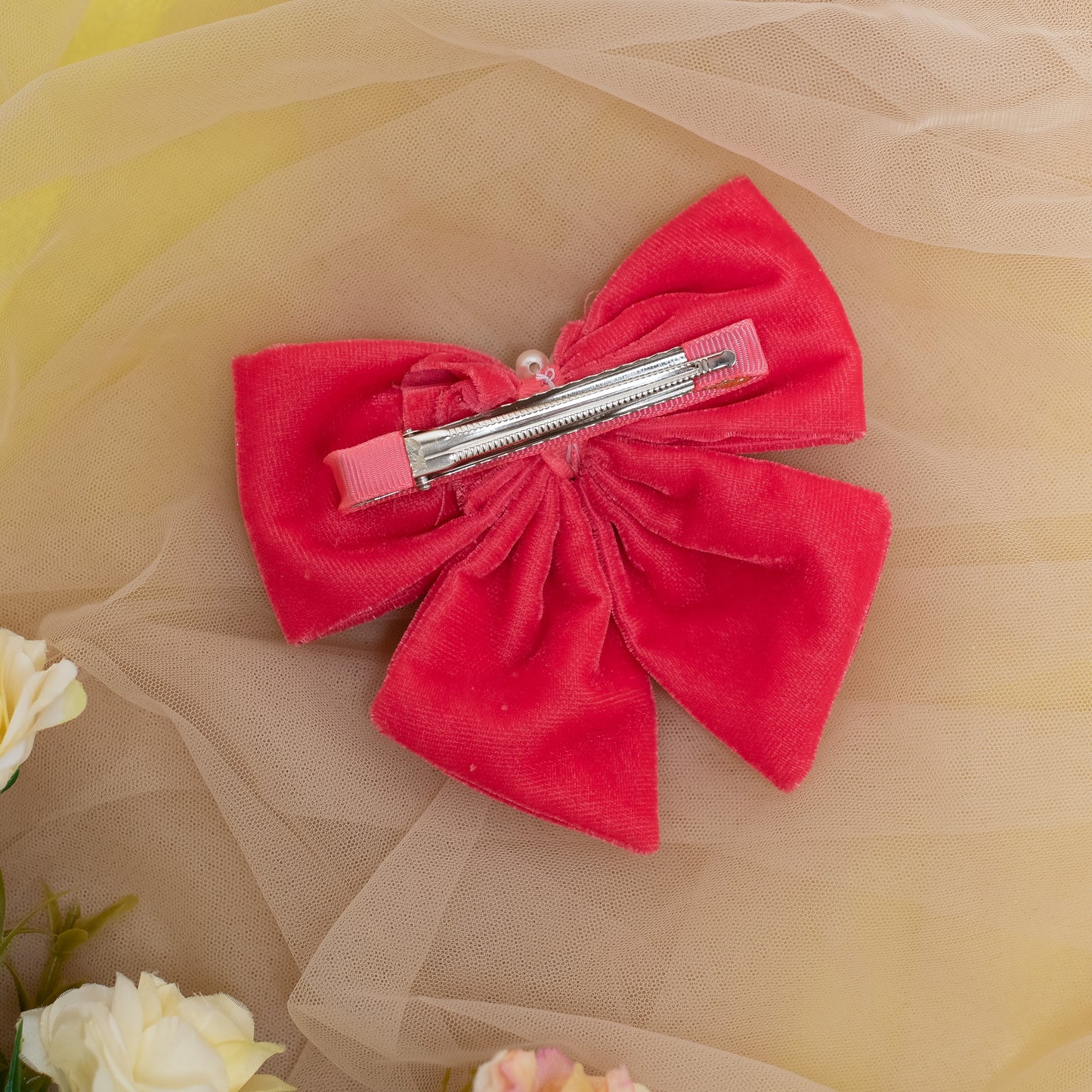Velvet party bow on Alligator clip embellished with pearls - Pink