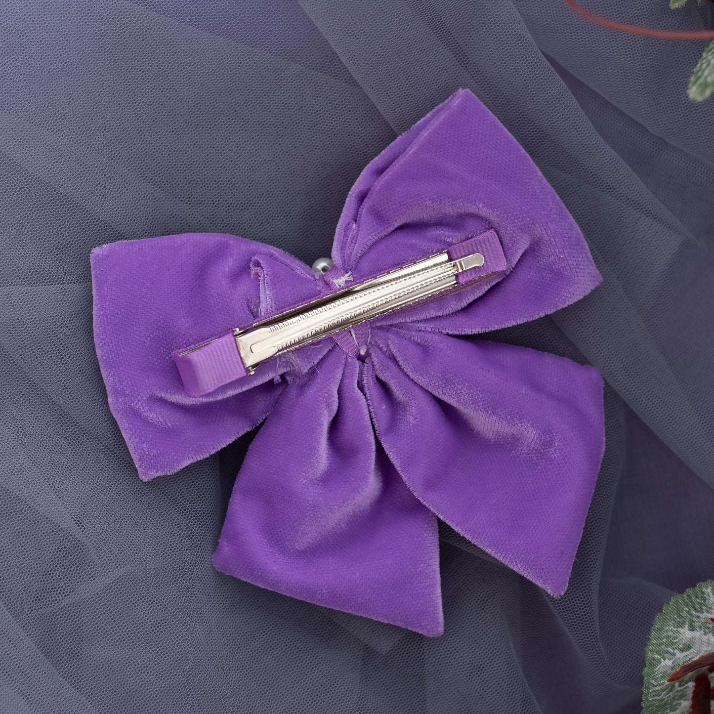 Velvet party bow on Alligator clip embellished with pearls - Purple