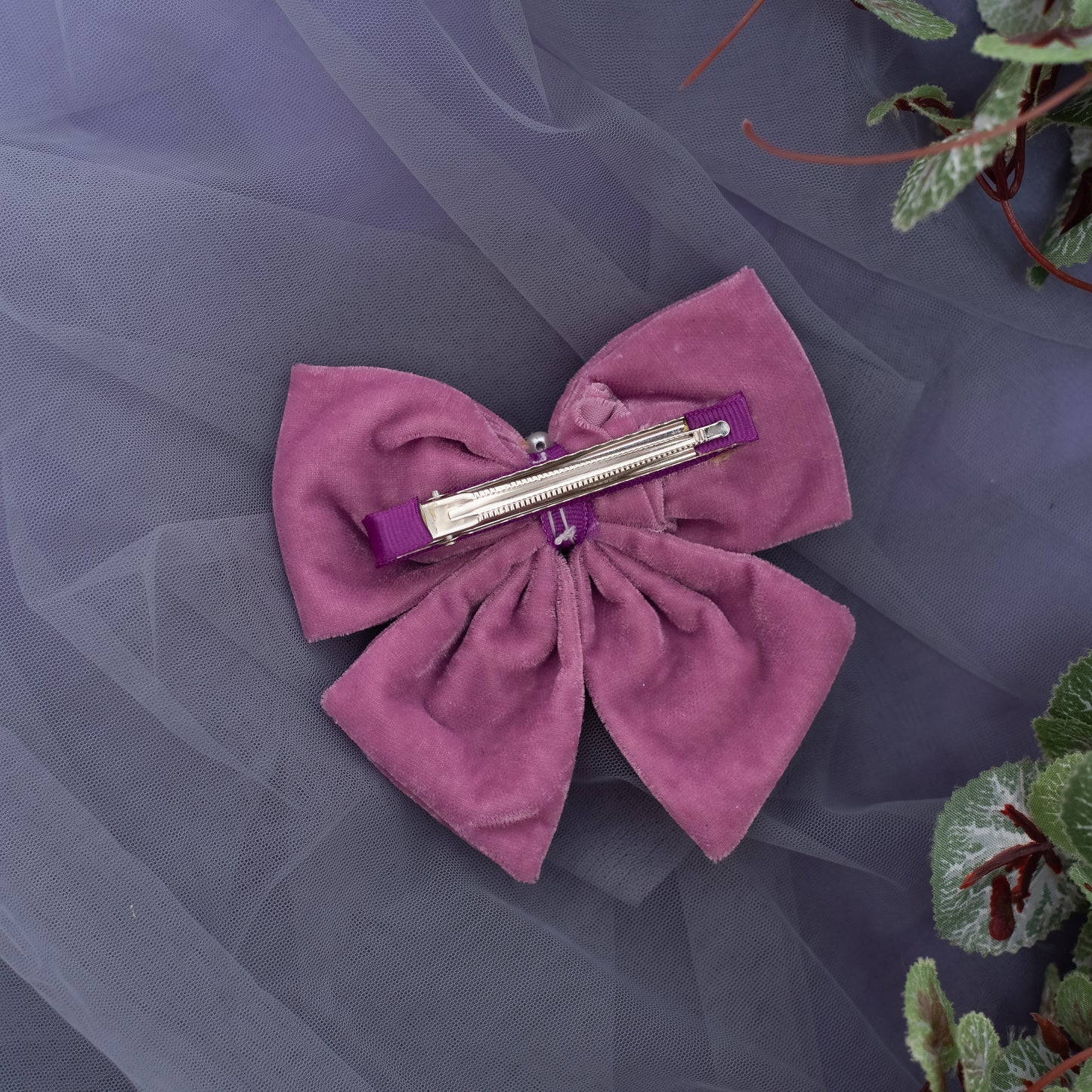 Velvet party bow on Alligator clip embellished with pearls - Light Purple