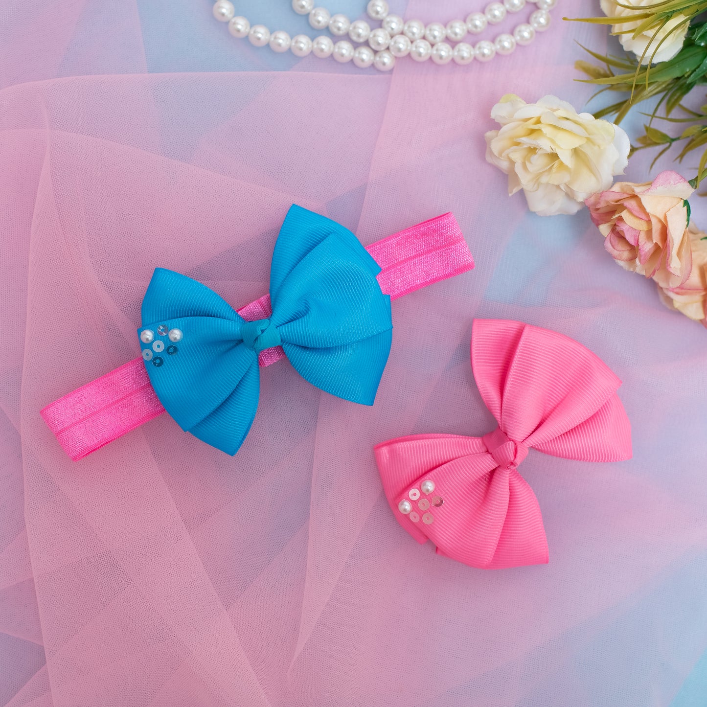 Combo: 1 Stretchy Band with 2 Layered Bows embellished with Sequinze and Pearls - Blue, Pink