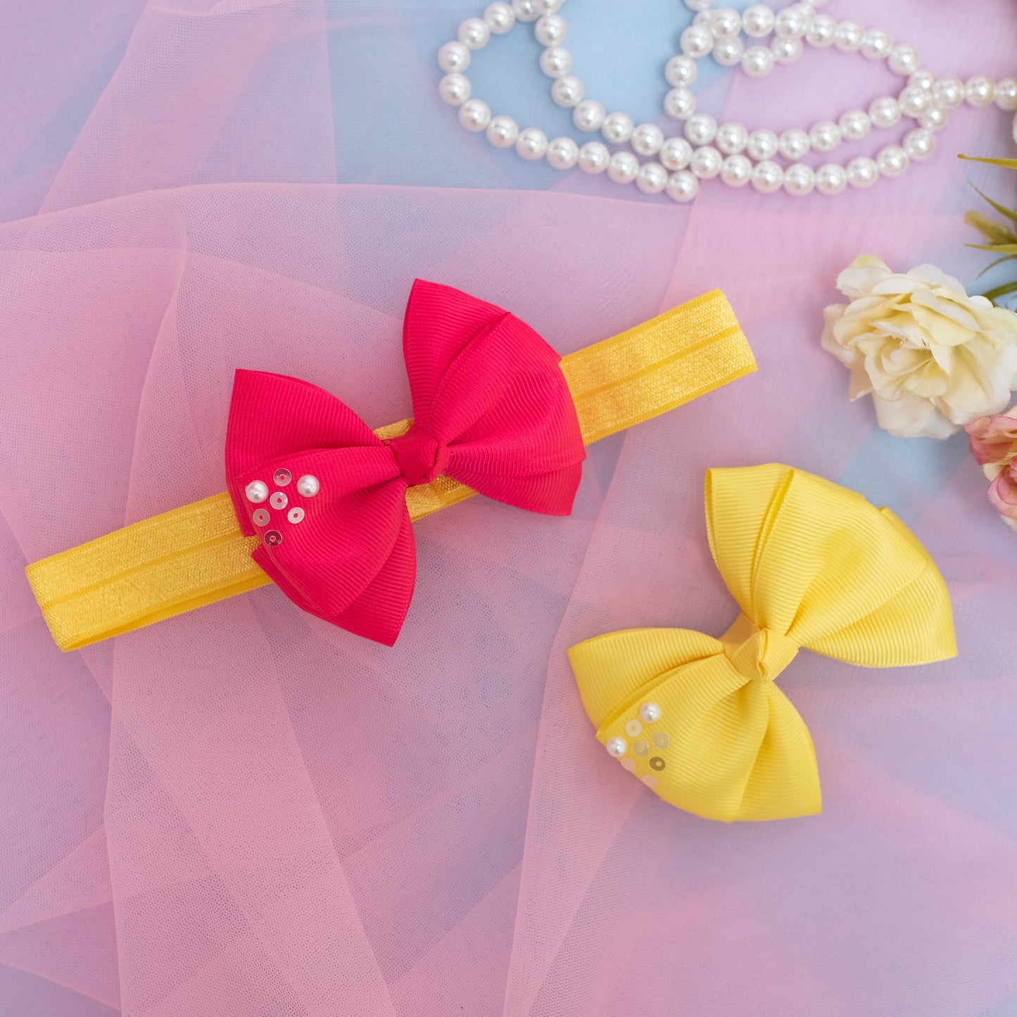 Combo: 1 Stretchy Band with 2 Layered Bows embellished with Sequinze and Pearls - Yellow, Hot Pink