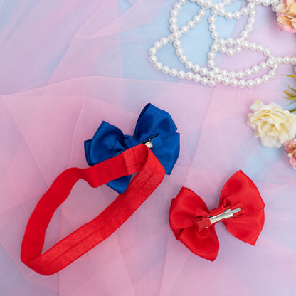 Combo: 1 Stretchy Band with 2 Layered Bows embellished with Sequinze and Pearls - Red, Blue