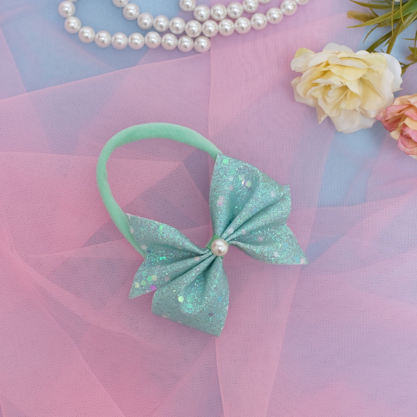 Super Soft Infant Stretchy bands with a Glitter Bow - Sea Green