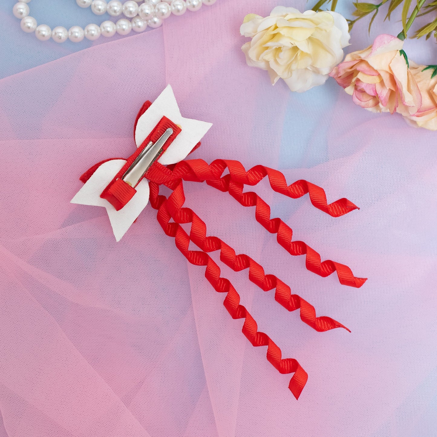 Dangler Hair-pin with Fancy Shimmer Bow for Party - Red, White