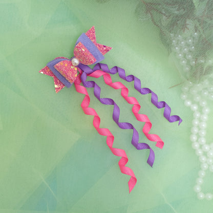 Dangler Hair-pin with Fancy Shimmer Bow for Party -  Pink, Purple (1 Dangler on Alligator clip )