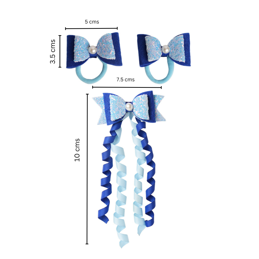 Combo: 1 Dangler Hair-pin and 2 Rubberbands with Fancy Shimmer Bow for Party - Blue