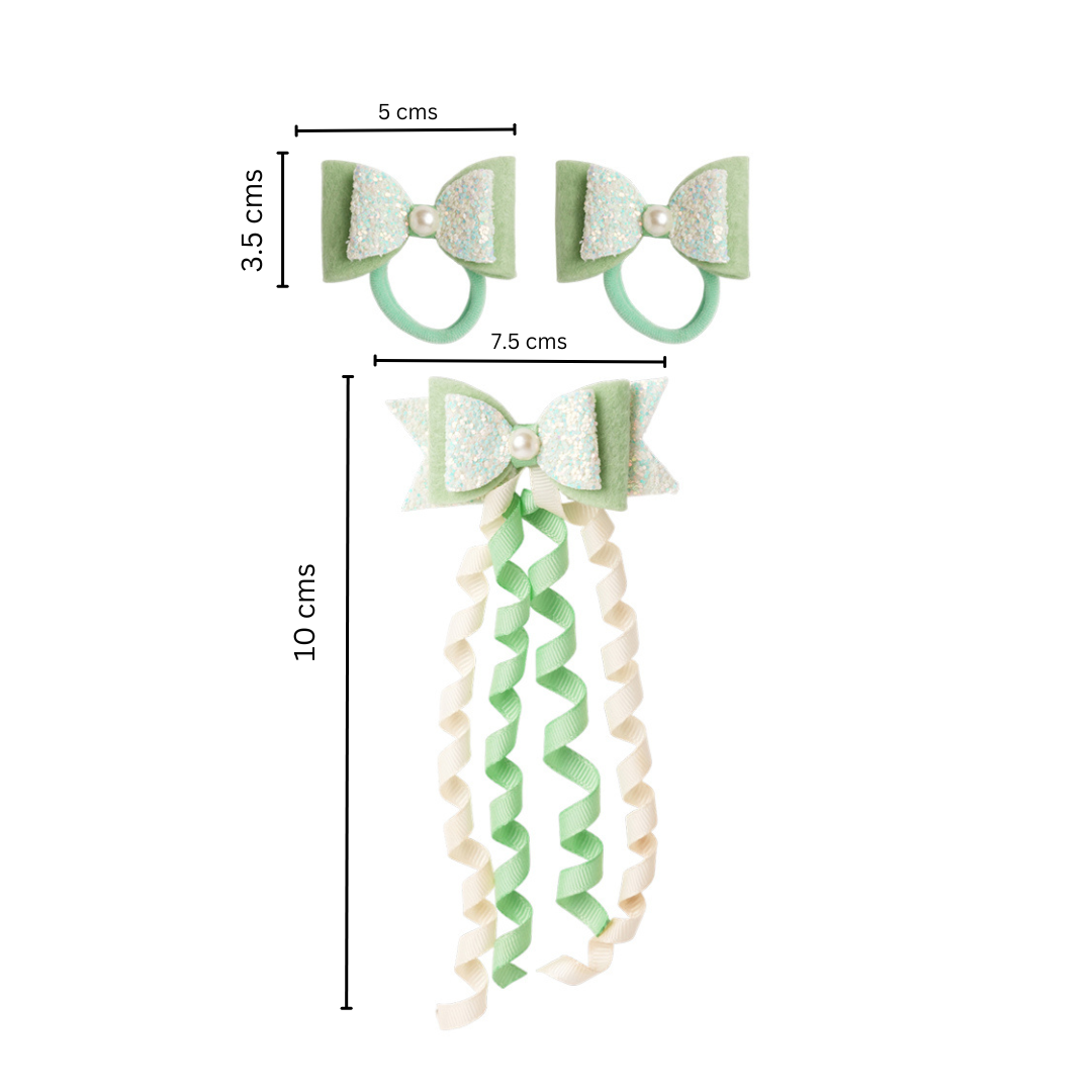 Combo: 1 Dangler Hair-pin and 2 Rubberbands with Fancy Shimmer Bow for Party - Sea Green