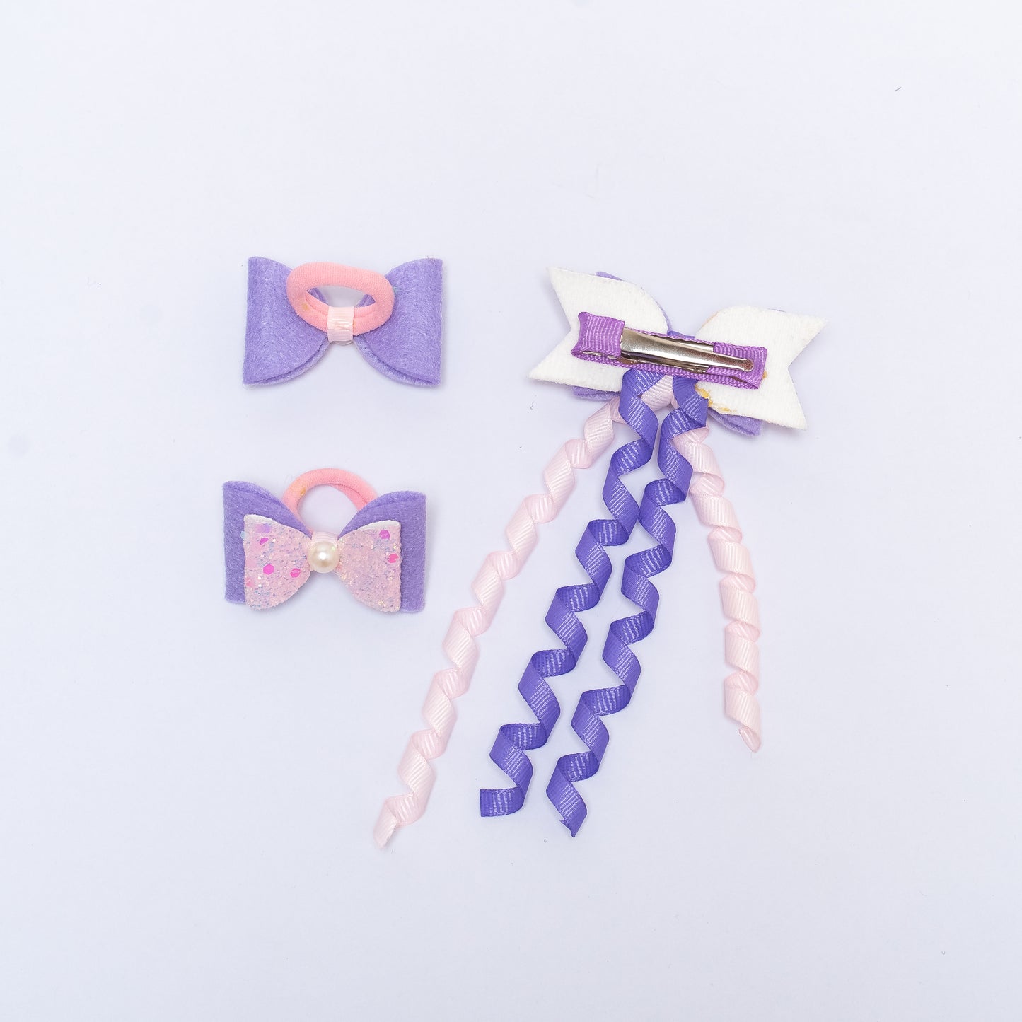 Combo: 1 Dangler Hair-pin and 2 Rubberbands with Fancy Shimmer Bow for Party - Light Pink, Purple