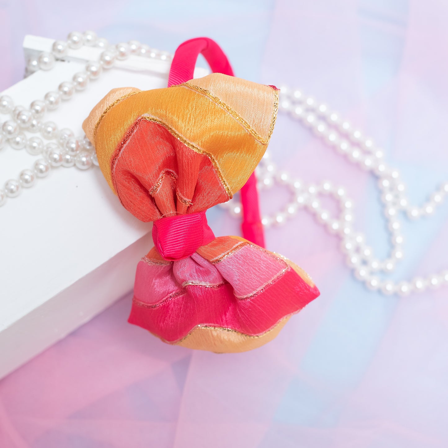 Big party bow on hair band - Pink, Yellow and Orange
