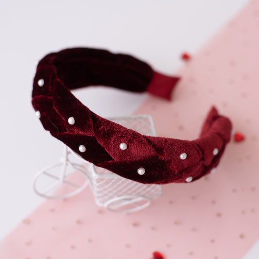Christmas velvet braided hairband with pearls - Maroon