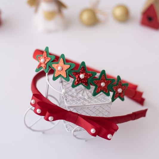 Combo: Set of 2 adorable hairbands - one with a loopy bow and one with shimmer stars - Red, Green, Maroon