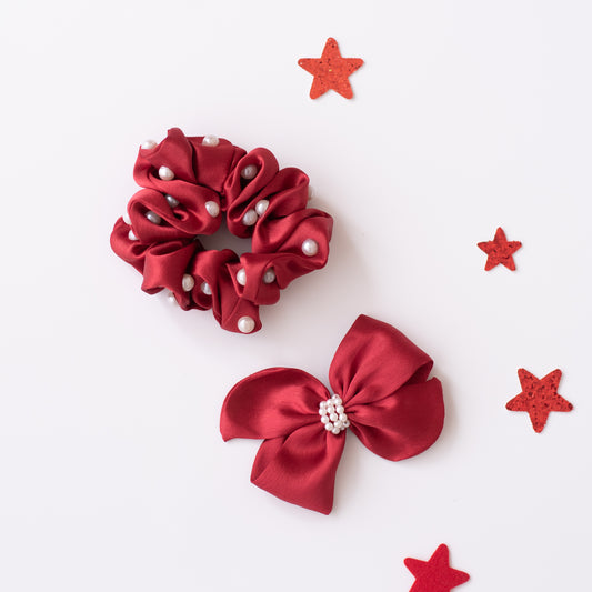 Set of 1 bow on alligator pin and one satin scrunchie. Both embellished with pearls - Maroon