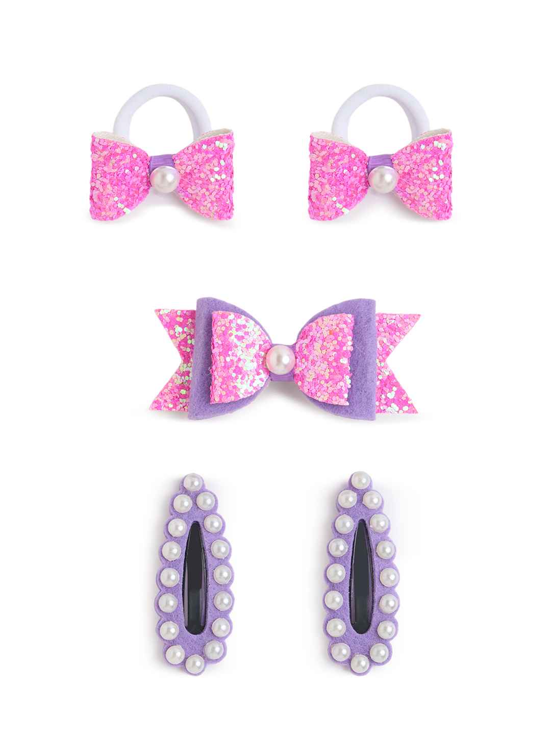 Free Size Glitter Rubber Bands Bow and Bow hair clips Pack of 5 - Pink, Purple