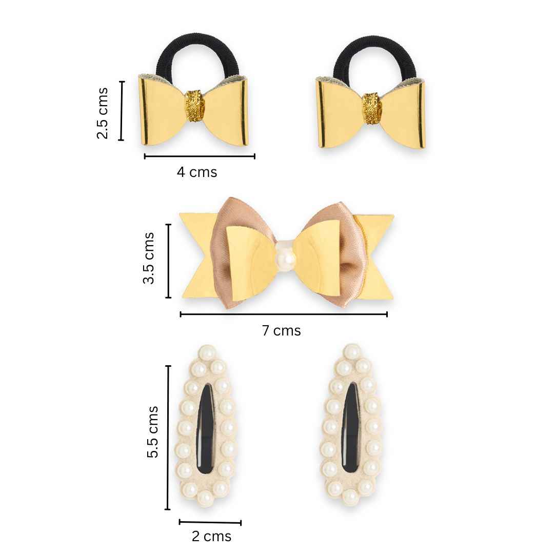 Christmas Free Size Glitter Rubber Bands Bow and Bow hair clips Pack of 5 - Golden
