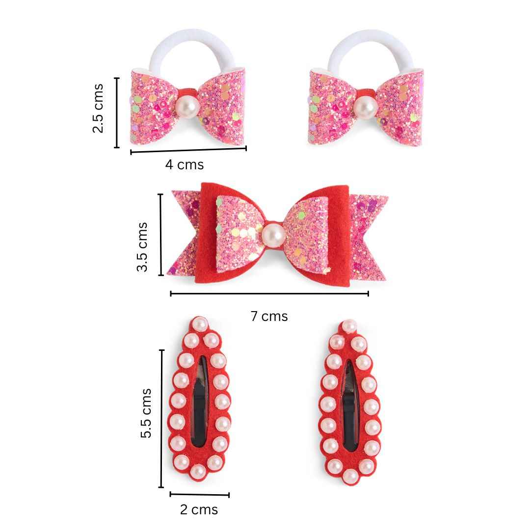 Christmas Free Size Glitter Rubber Bands Bow and Bow hair clips Pack of 5 - Red