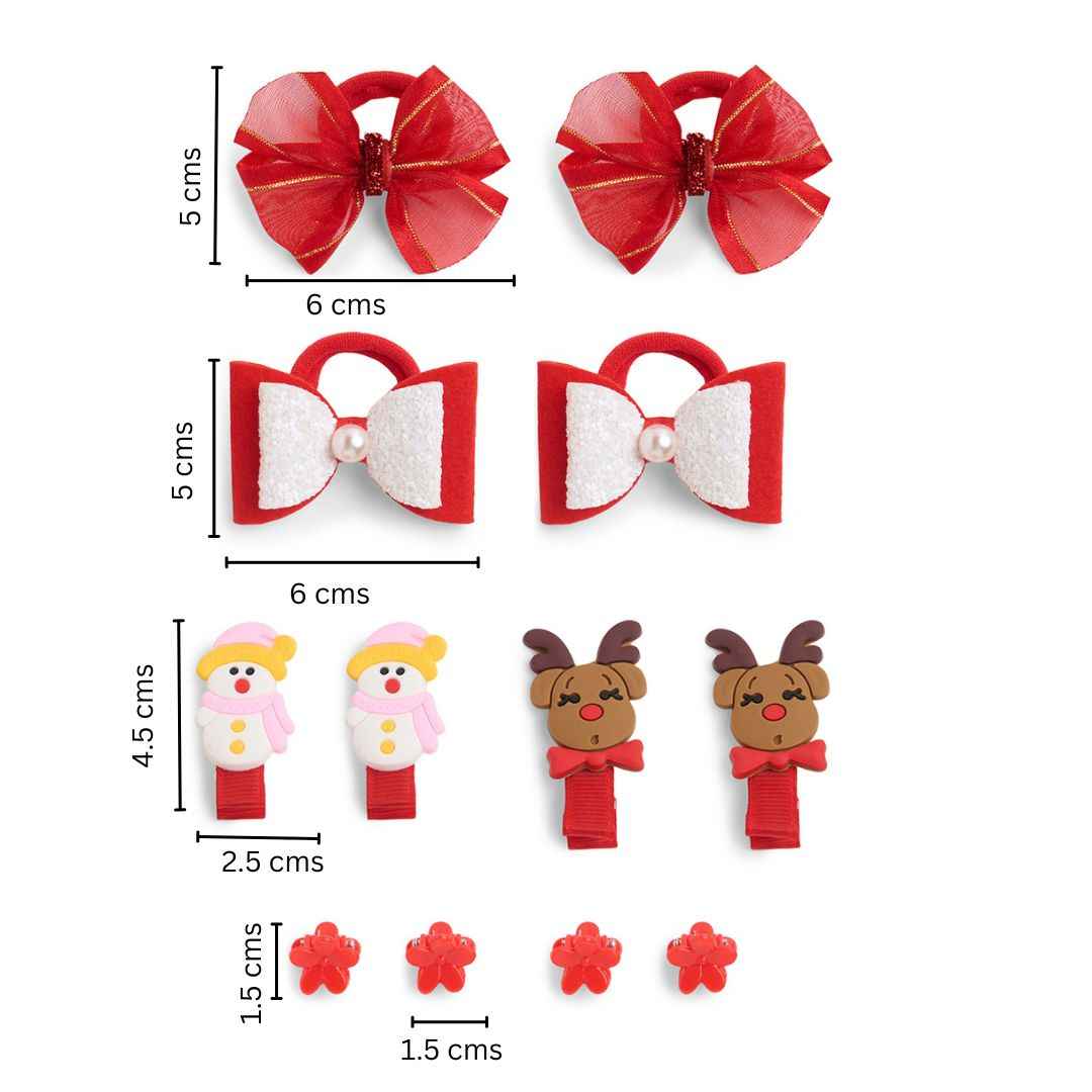 Christmas Pack of 12 Free Size Rubber Bands, floral designed hair clutchers and Bow Hair Clips - Red, White