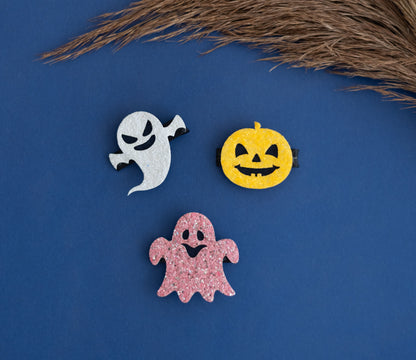 Halloween combo : Hair clips with pumpkin ghost face, and 2 ghost hair pins (Set of 3 pins) - White, Orange, Pink