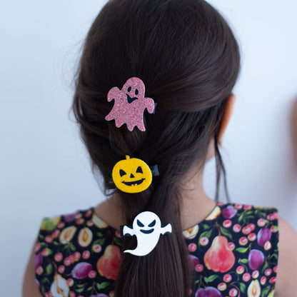 Halloween combo : Hair clips with pumpkin ghost face, and 2 ghost hair pins (Set of 3 pins) - White, Orange, Pink