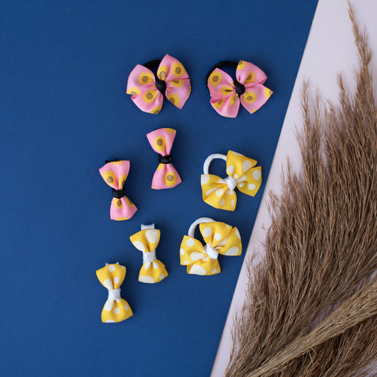 Combo:  Floral printed bow alligator clips, polka dotted bow alligator clips and rubberbands - Light Pink, Yellow