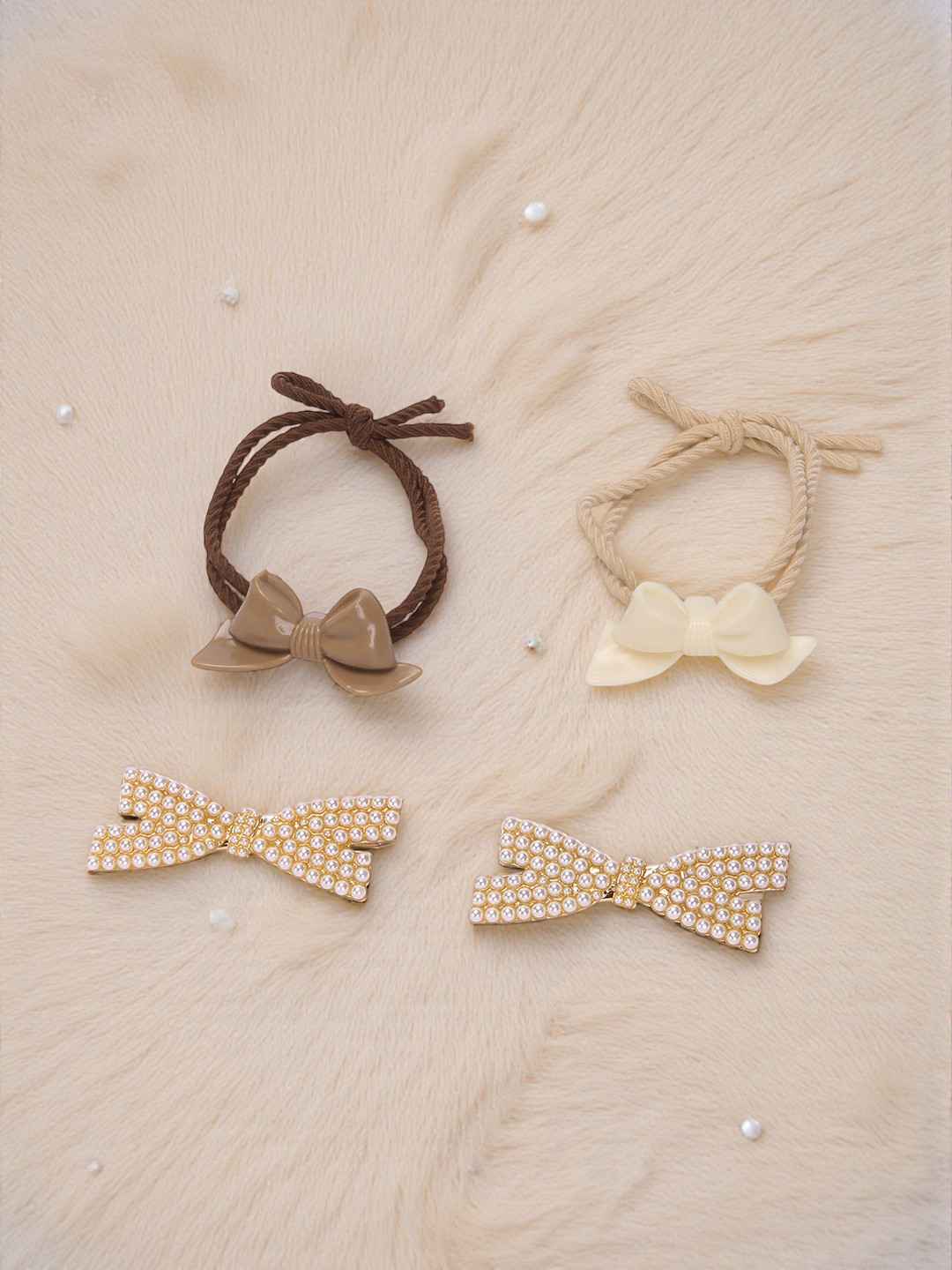 Set of 2 brown hair ties with bow charm and elegant pearl alligator - Brown, Golden