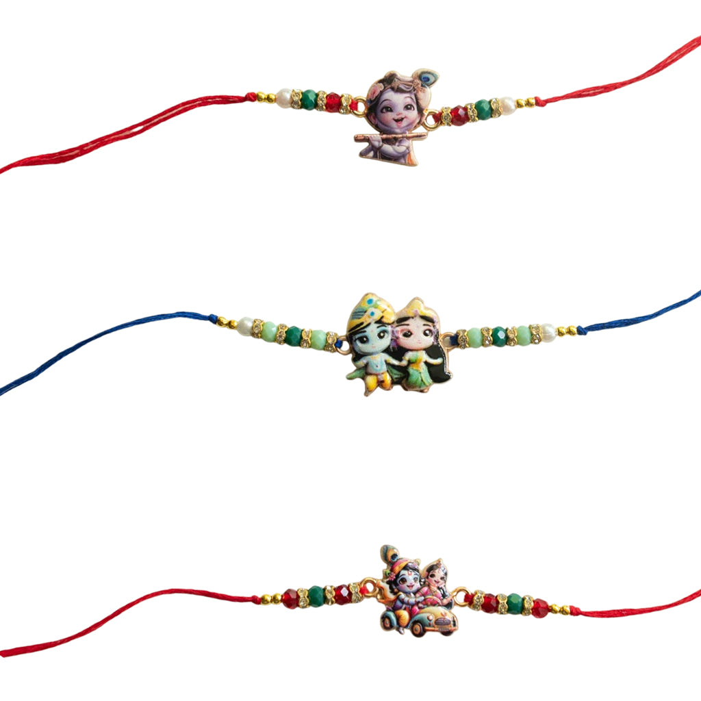 Ribbon Candy Set of 3 Rakhi-Handmade Lord Krishna Charm- Multicolor
