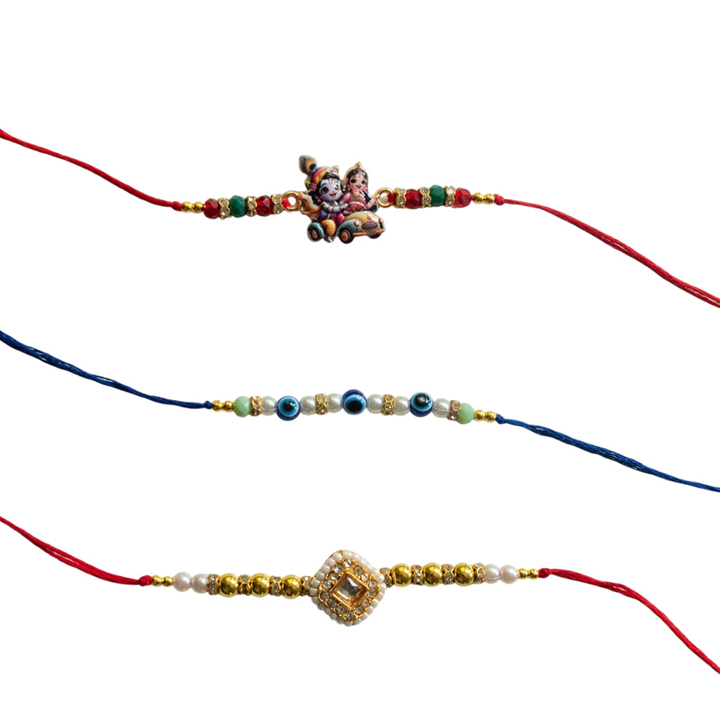 Ribbon Candy Set of 3 Rakhis-Radha Krishna, Kundan Charm and Evil Eye Beads - Multicolor