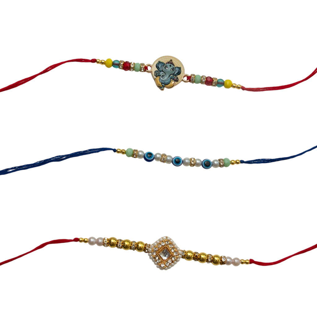 Ribbon Candy Set of 3 Rakhis- Ganesha, Kundan Charm & Evil Eye Beads- Multicolor