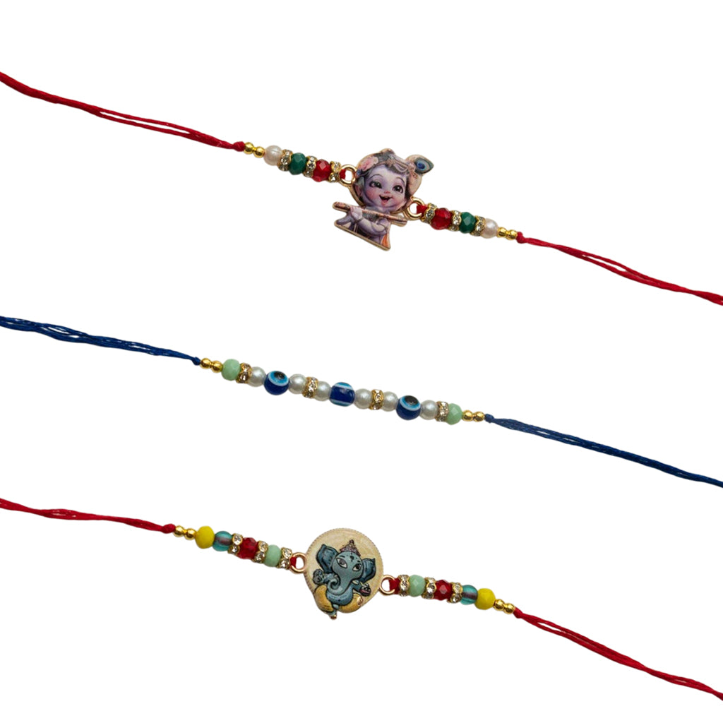 Ribbon Candy Set of 3 Rakhis-Ganesha, Krishna Charms & Evil Eye Beads - Multicolor