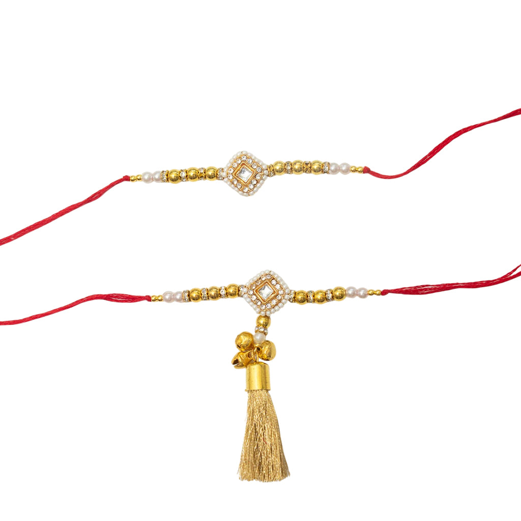 Ribbon Candy Set of 2 Rakhis-Bhai Bhabhi's Kundan Charm C - Golden, Red